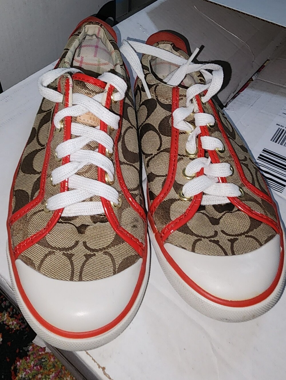 Coach Barrett Tan Signature Canvas Sneakers with Orange Trim